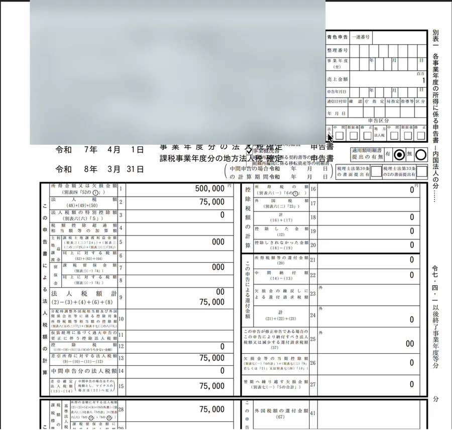 帳票表示で作られた別表一のPDF。所得金額500,000円、法人税額75,000円などが申告書の様式どおりに表示されている。納税地・法人名などの上部はぼかしてある